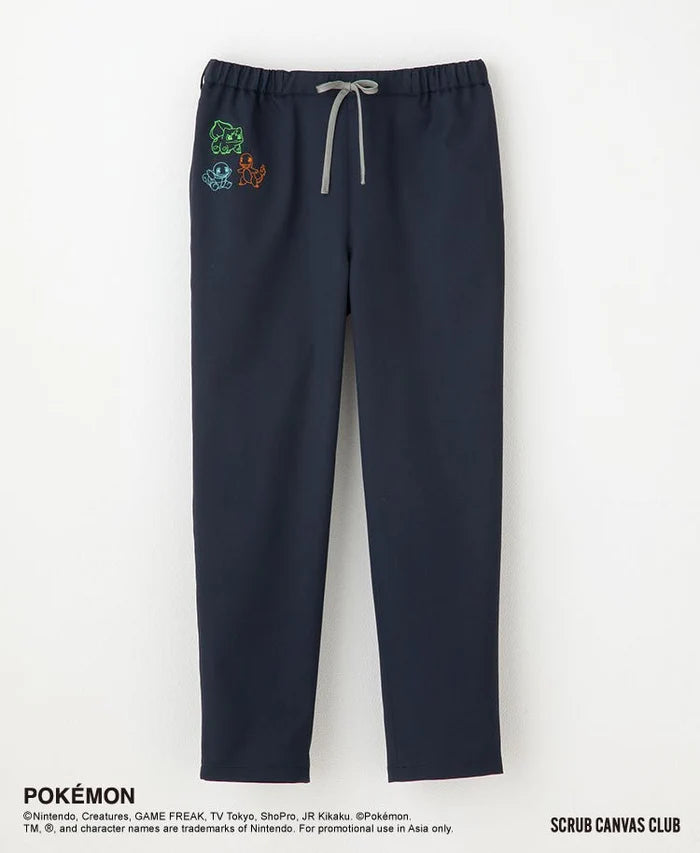 A unisex medical scrub pants from the Classico Pokémon collection featuring squirtle, bulbasaur, and charmander characters